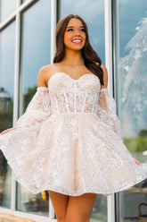 Ivory Sweetheart A-Line Short Homecoming Dress with Sleeves